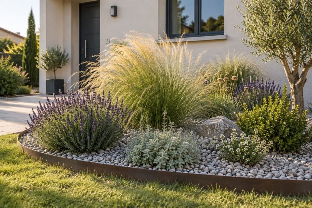 Massif de galets gris clair planté de graminées et de plantes basses devant une maison