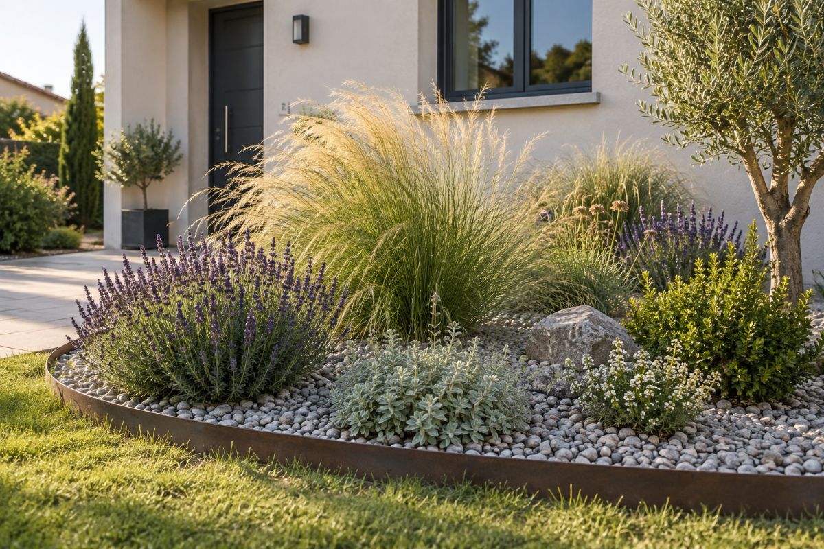 Massif de galets gris clair planté de graminées et de plantes basses devant une maison