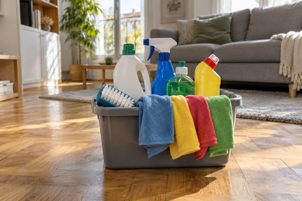 Panier de ménage avec produits et chiffons microfibre de couleurs posé dans un salon