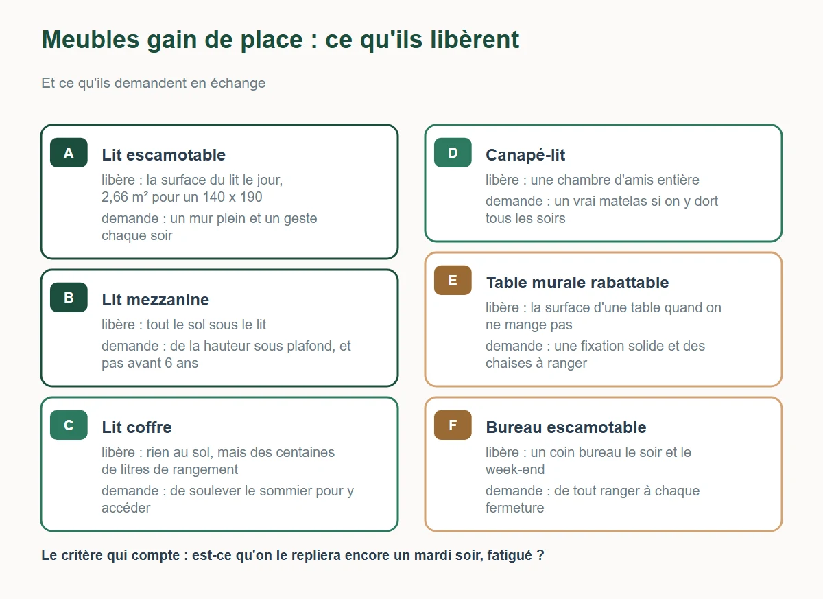 Comparatif des meubles gain de place : lit escamotable, lit mezzanine, lit coffre, canapé-lit, table murale rabattable, bureau escamotable, avec ce que chacun libère et ce qu'il demande