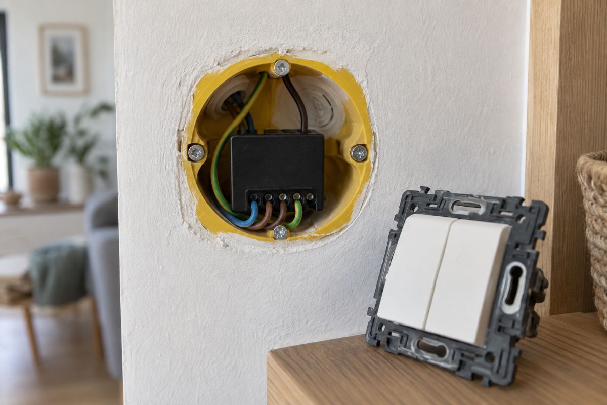 Micromodule domotique pour volet roulant logé dans une boîte d'encastrement murale ouverte, interrupteur déposé