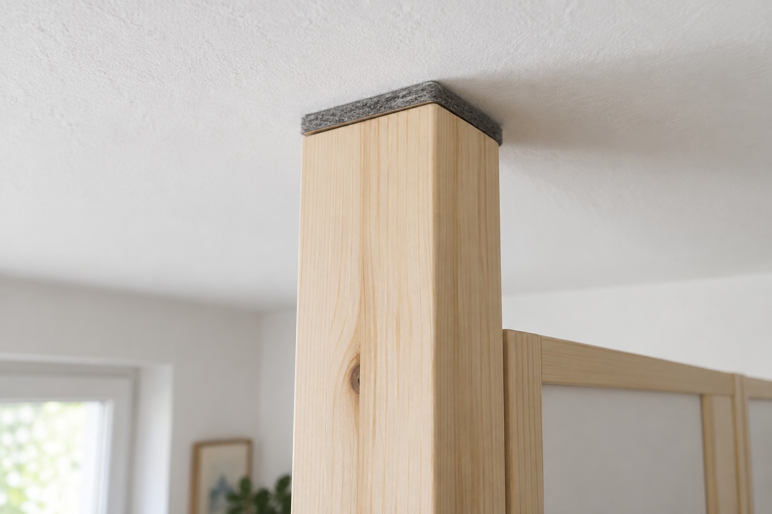 Haut d'un montant télescopique de cloison amovible en appui contre un plafond blanc avec un patin de protection