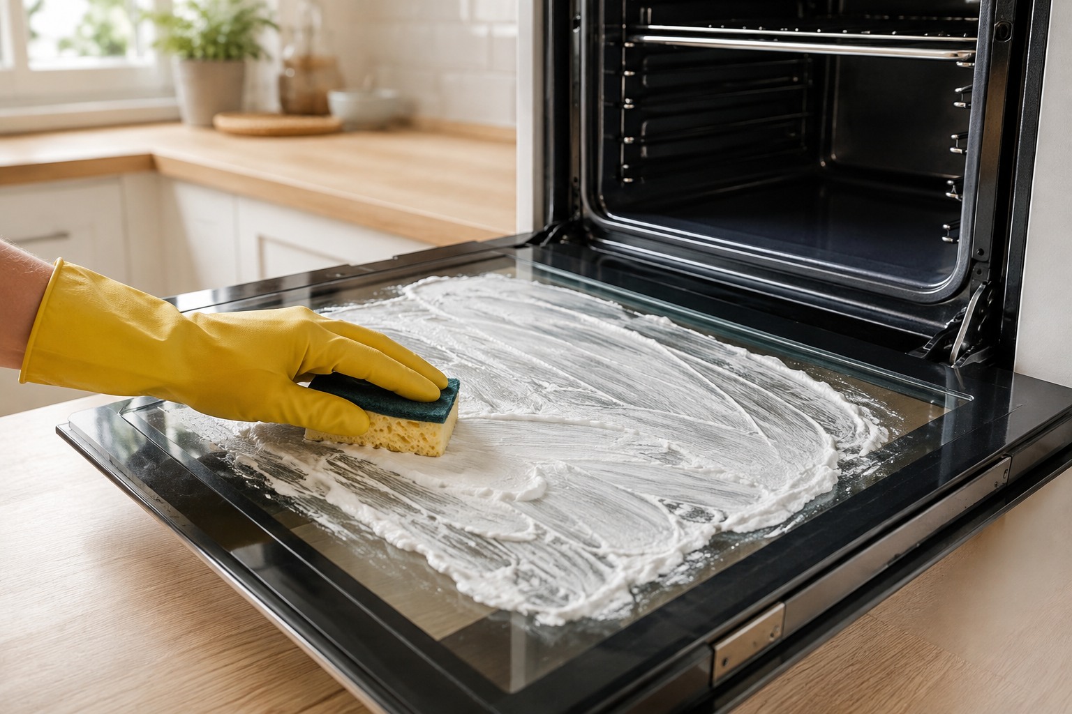 Main gantée étalant une pâte au bicarbonate sur la vitre intérieure d'une porte de four ouverte