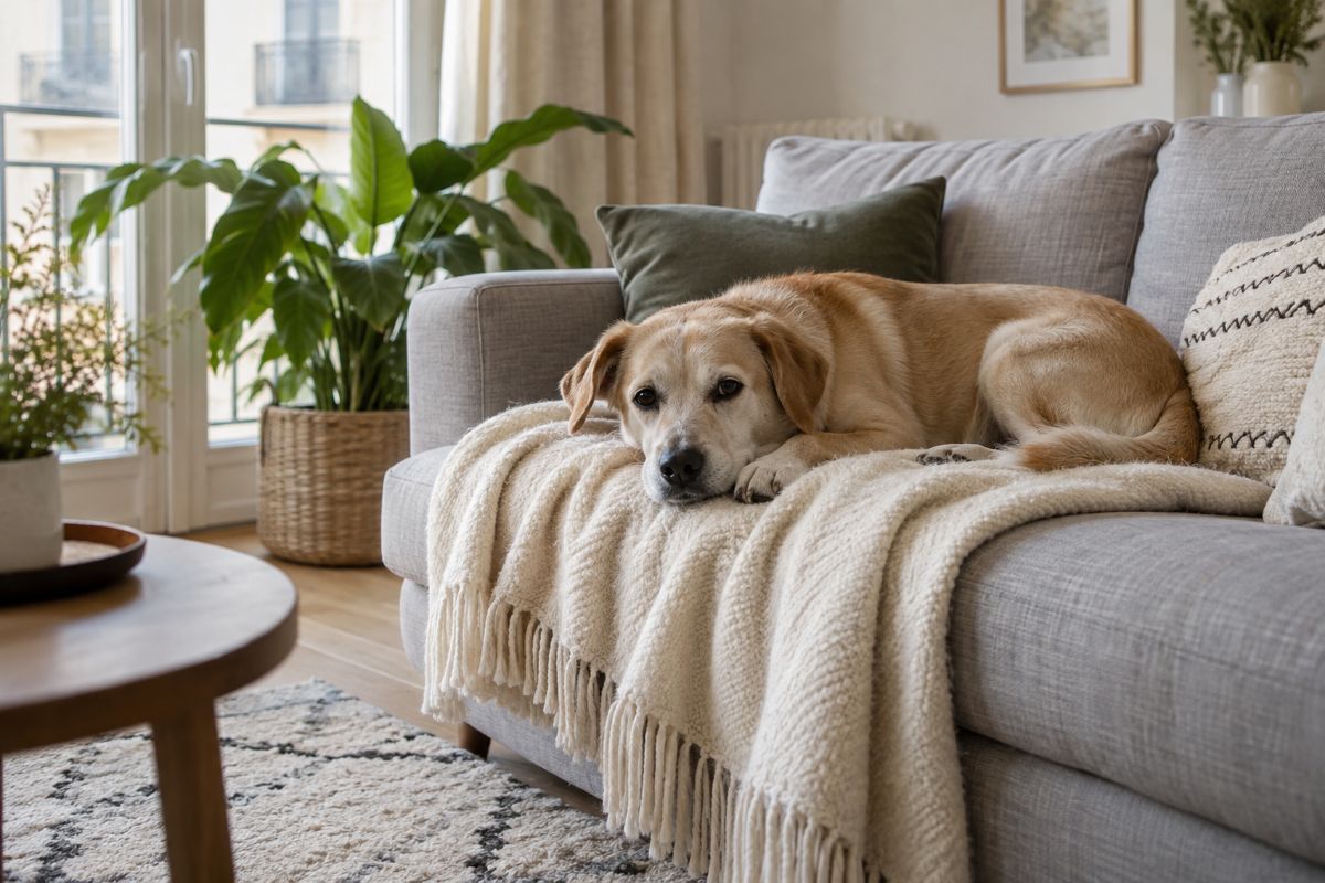 Chien couché sur un canapé en tissu clair avec un plaid, dans un salon lumineux