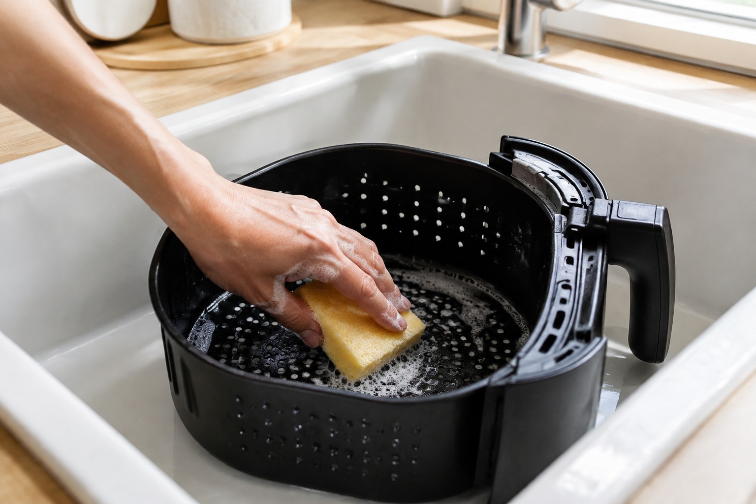 Panier d'air fryer nettoyé à l'éponge dans un évier