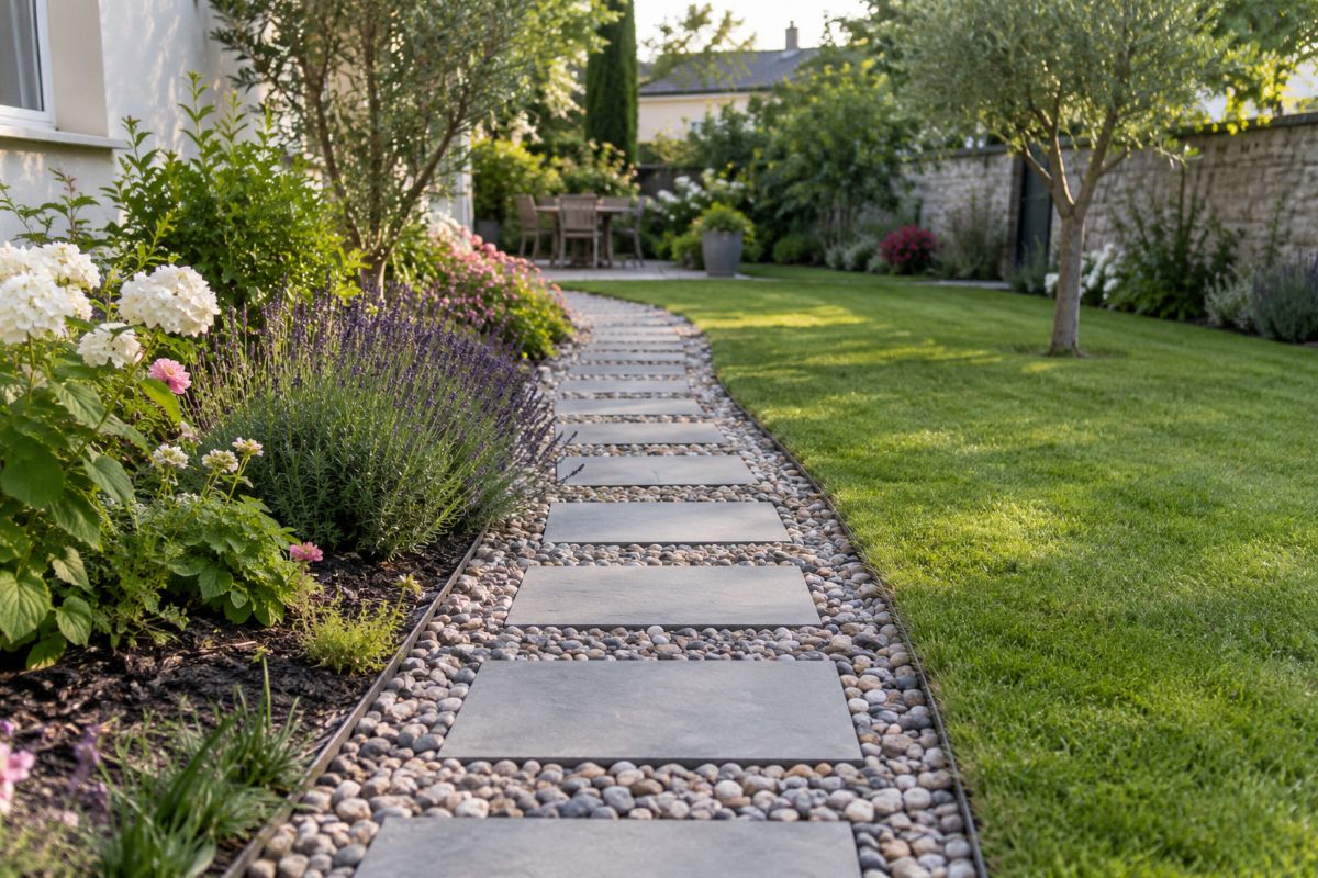 Pas japonais en pierre entourés de galets gris dans une bordure de jardin