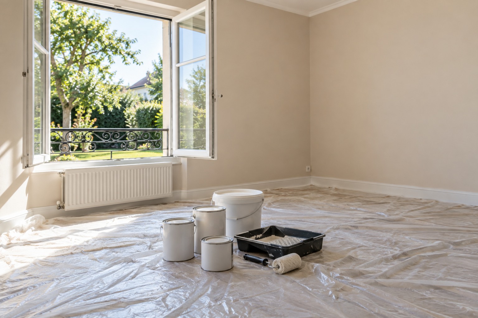 Pots de peinture et rouleau sur une bâche dans une chambre en travaux, fenêtre grande ouverte sur un jardin