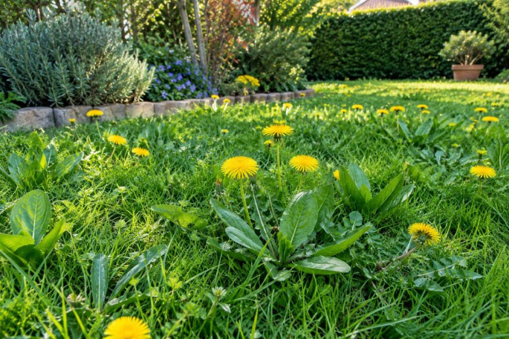Pelouse de jardin parsemée de pissenlits en fleurs et de rosettes de plantain