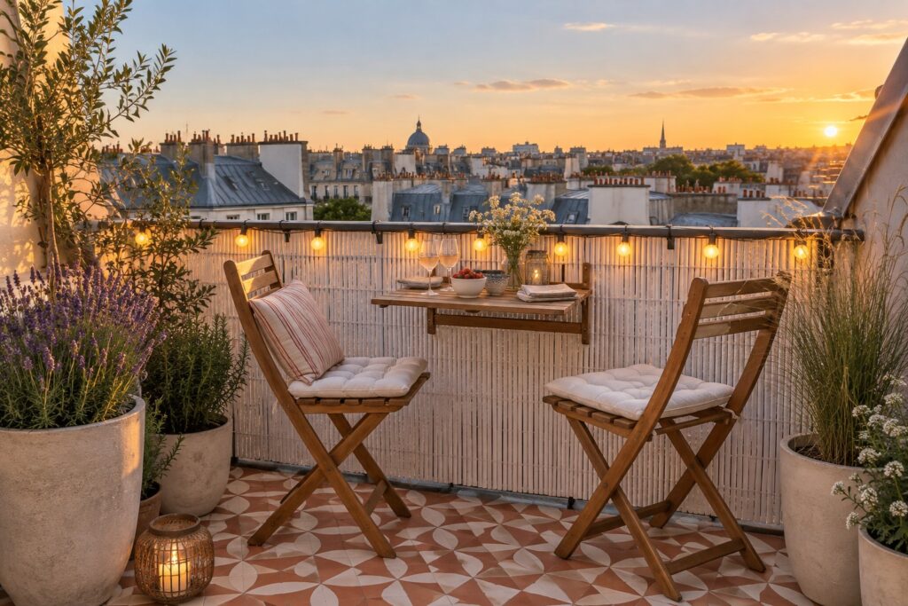 Petit balcon de dernier étage aménagé avec une canisse blanche, un sol peint façon carreaux de ciment, deux chaises pliantes, des plantes méditerranéennes et une guirlande guinguette
