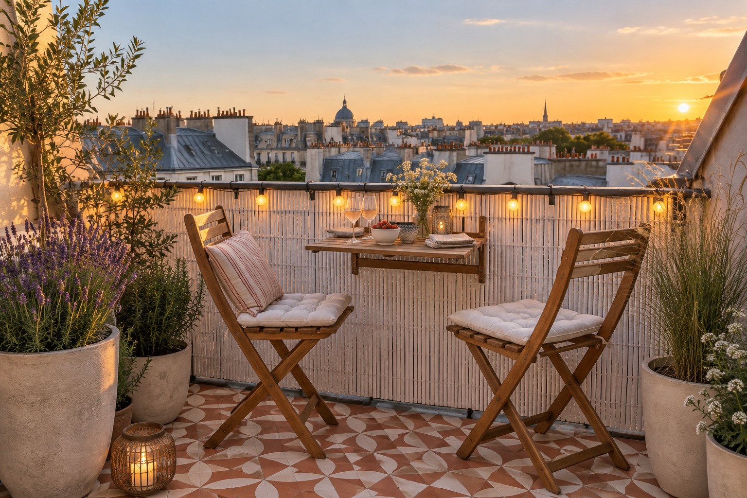 Petit balcon de dernier étage aménagé avec une canisse blanche, un sol peint façon carreaux de ciment, deux chaises pliantes, des plantes méditerranéennes et une guirlande guinguette