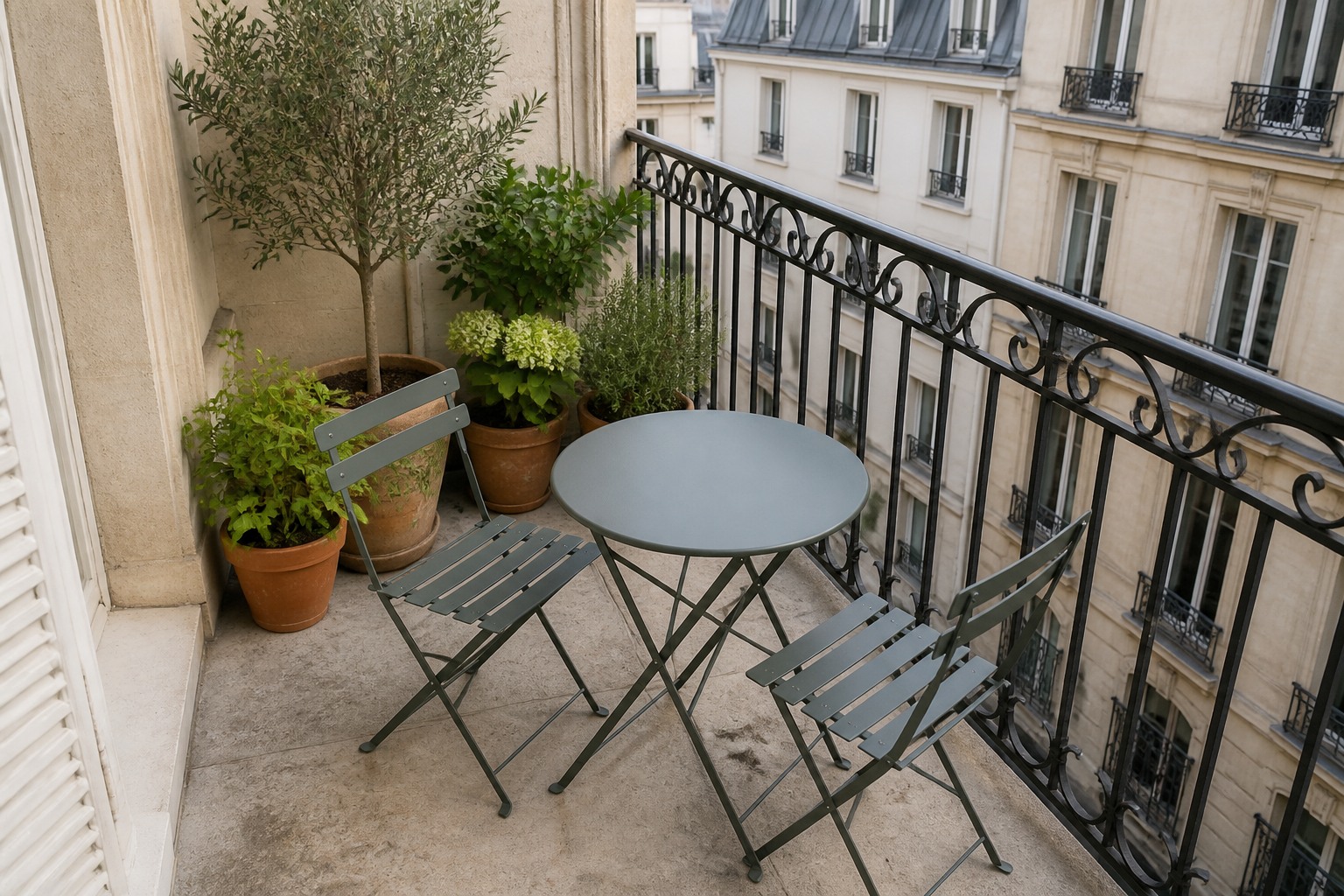 Petite terrasse aménagée avec une table de bistrot ronde et deux chaises pliantes, plantes en pots contre le mur