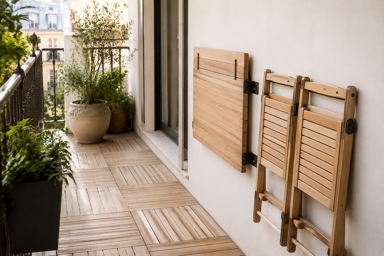 Chaises pliantes et table rabattable sur une petite terrasse, laissant le passage dégagé