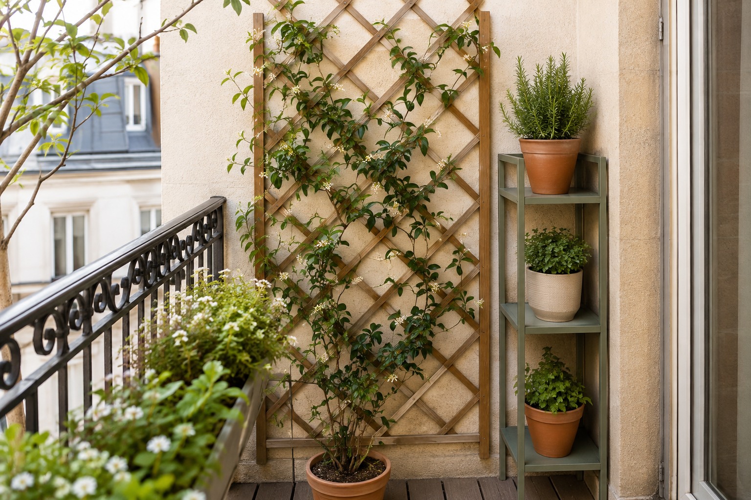 Treillis mural avec plante grimpante et étagère à plantes sur une petite terrasse