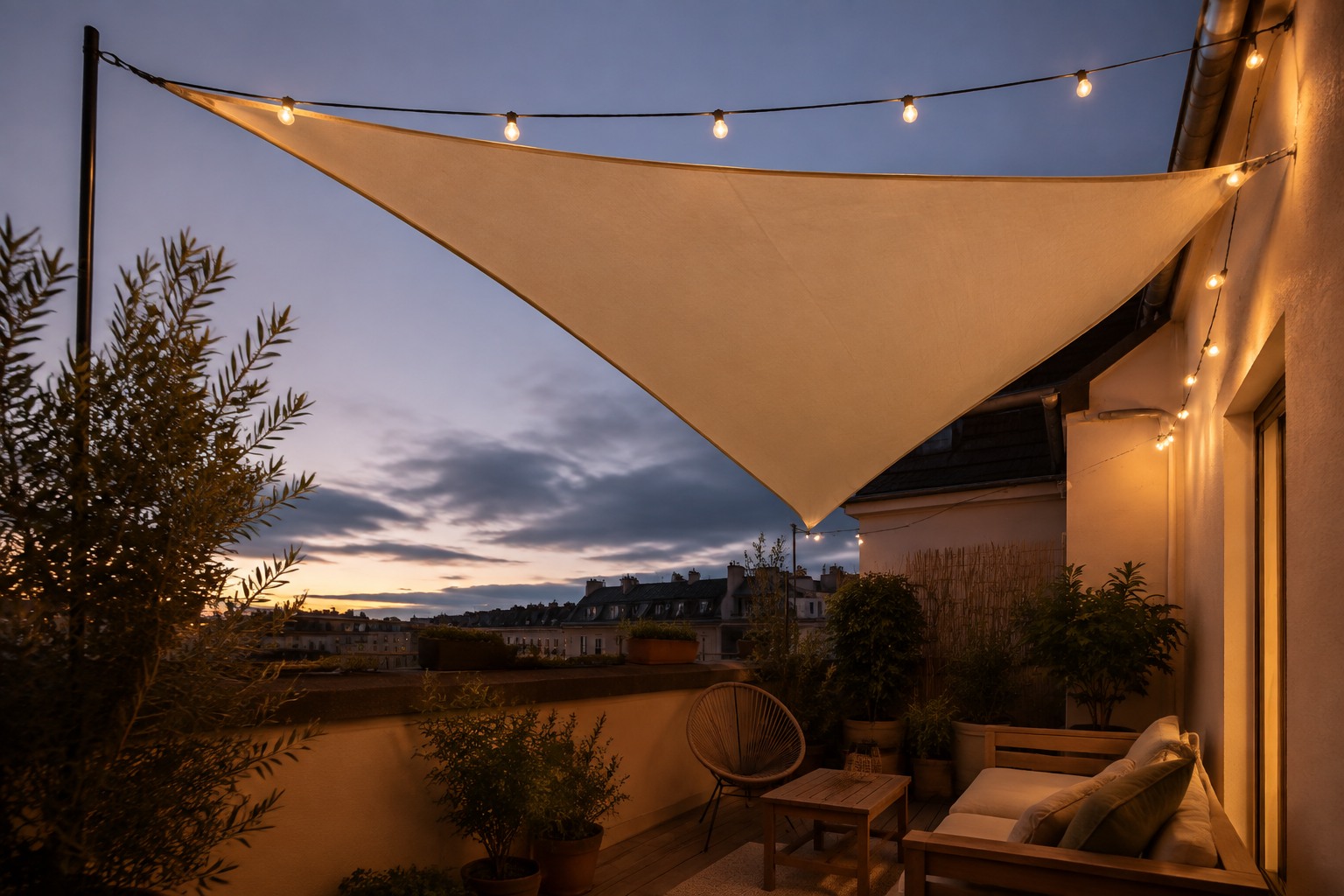 Voile d'ombrage tendue et guirlande lumineuse au-dessus d'une petite terrasse au crépuscule