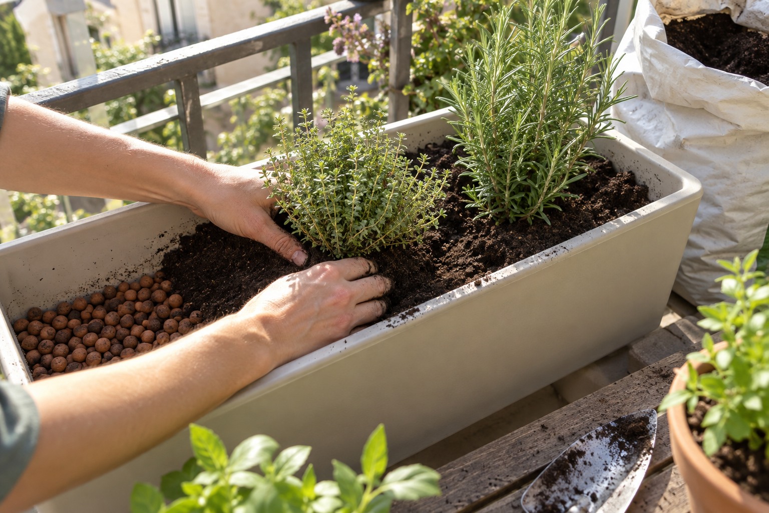 Mains plantant du thym et du romarin dans une jardinière claire avec une couche de billes d'argile visible au fond, sur un balcon