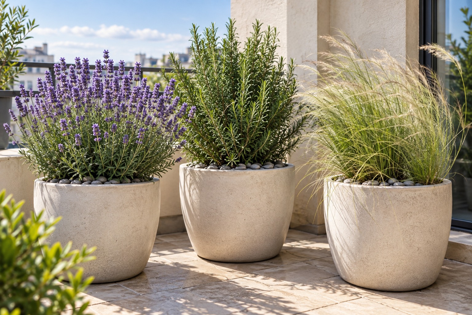 Grands pots clairs regroupés sur un balcon ensoleillé avec lavande, romarin et graminées agitées par le vent, paillage de galets
