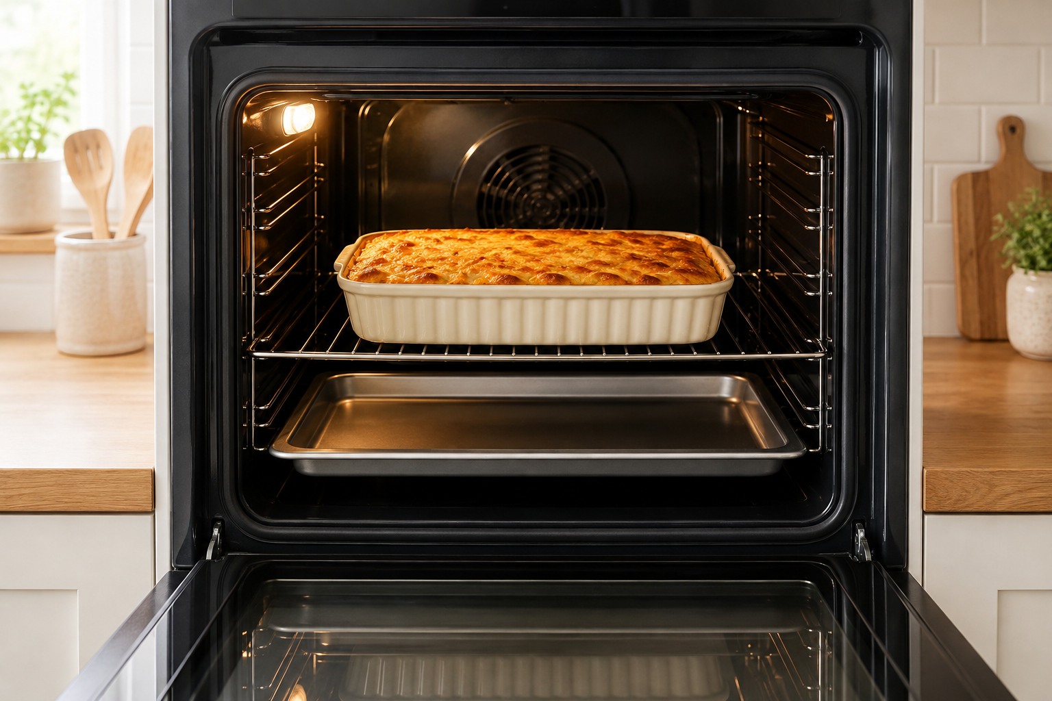 Lèchefrite glissée sous un plat à gratin dans un four, pour récupérer les débordements