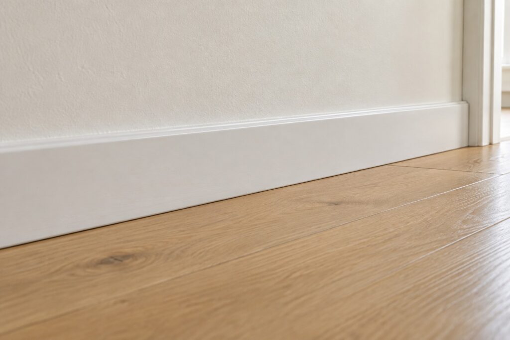 Plinthe en bois peinte en blanc collée au bas d'un mur clair, au-dessus d'un parquet en chêne
