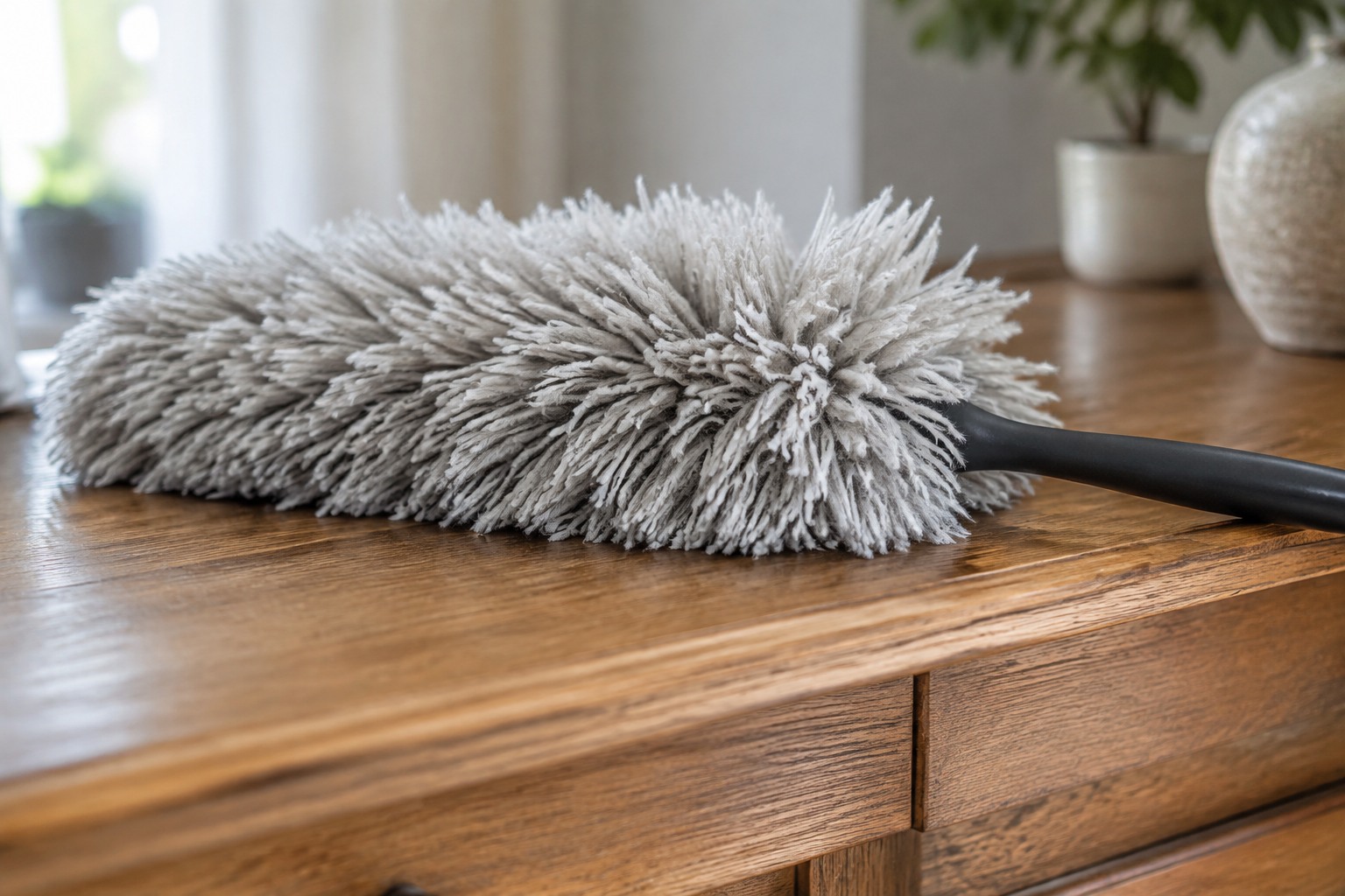 Plumeau en microfibre sèche utilisé sur un meuble en bois, gros plan sur les particules soulevées
