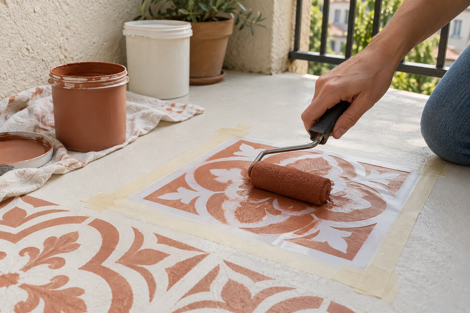 Rouleau mousse tamponnant de la peinture terracotta sur un pochoir de carreau de ciment posé sur un sol de balcon en béton peint en blanc cassé