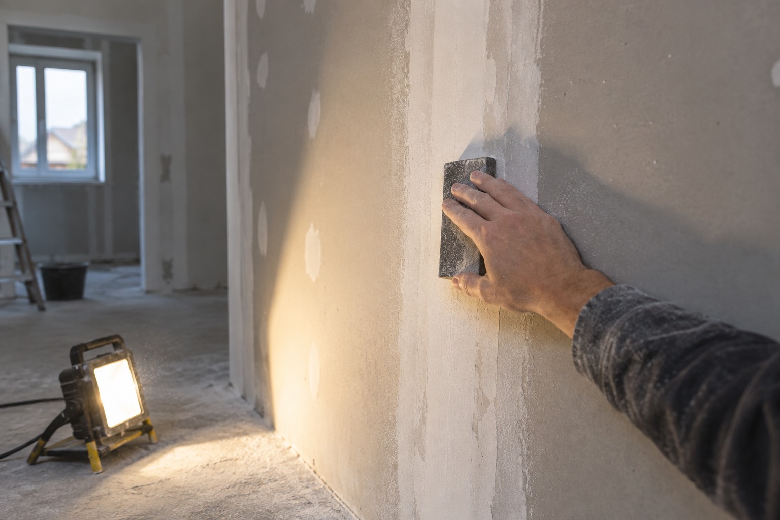 Main ponçant un joint de plaque de plâtre avec une cale à poncer, éclairé par une lampe en lumière rasante