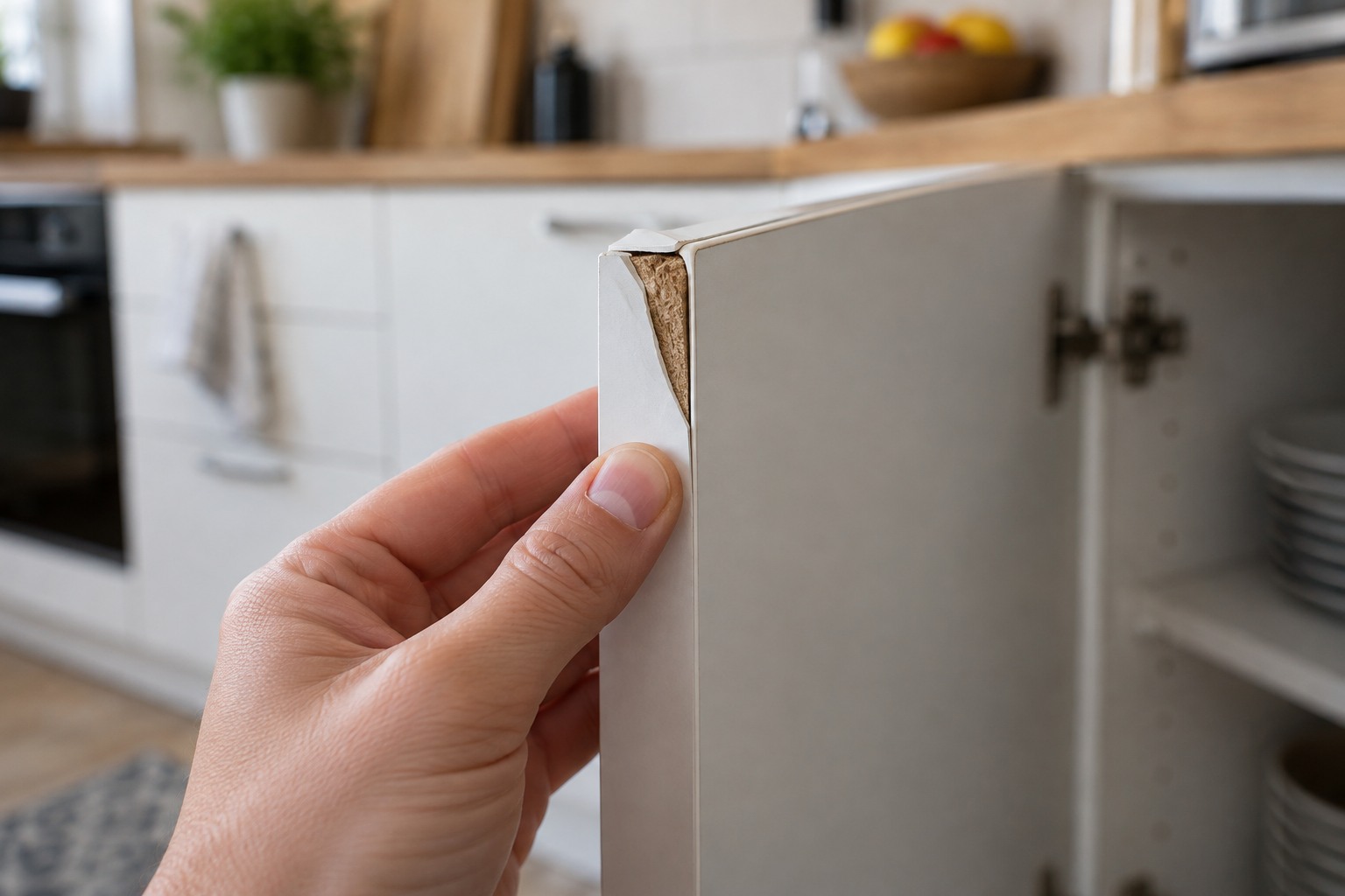 Chant collé qui se soulève au bord d'une porte de meuble de cuisine blanche et laisse voir le panneau aggloméré