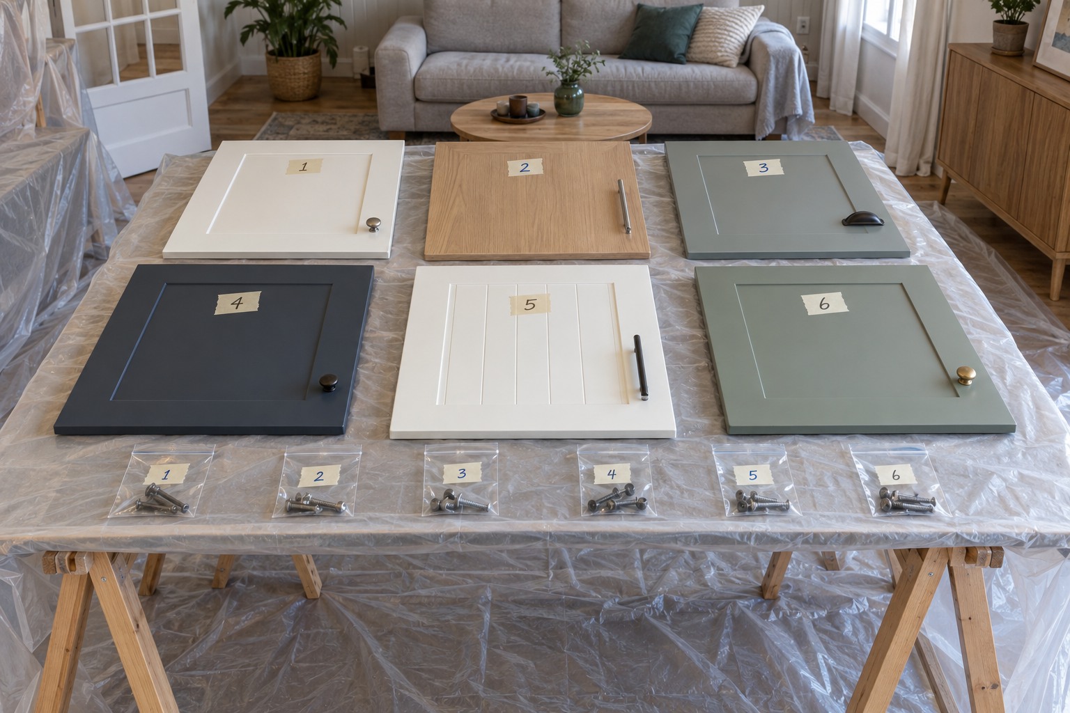 Portes de meubles de cuisine démontées sur des tréteaux, numérotées au ruban de masquage, avec un sachet de vis repéré par porte