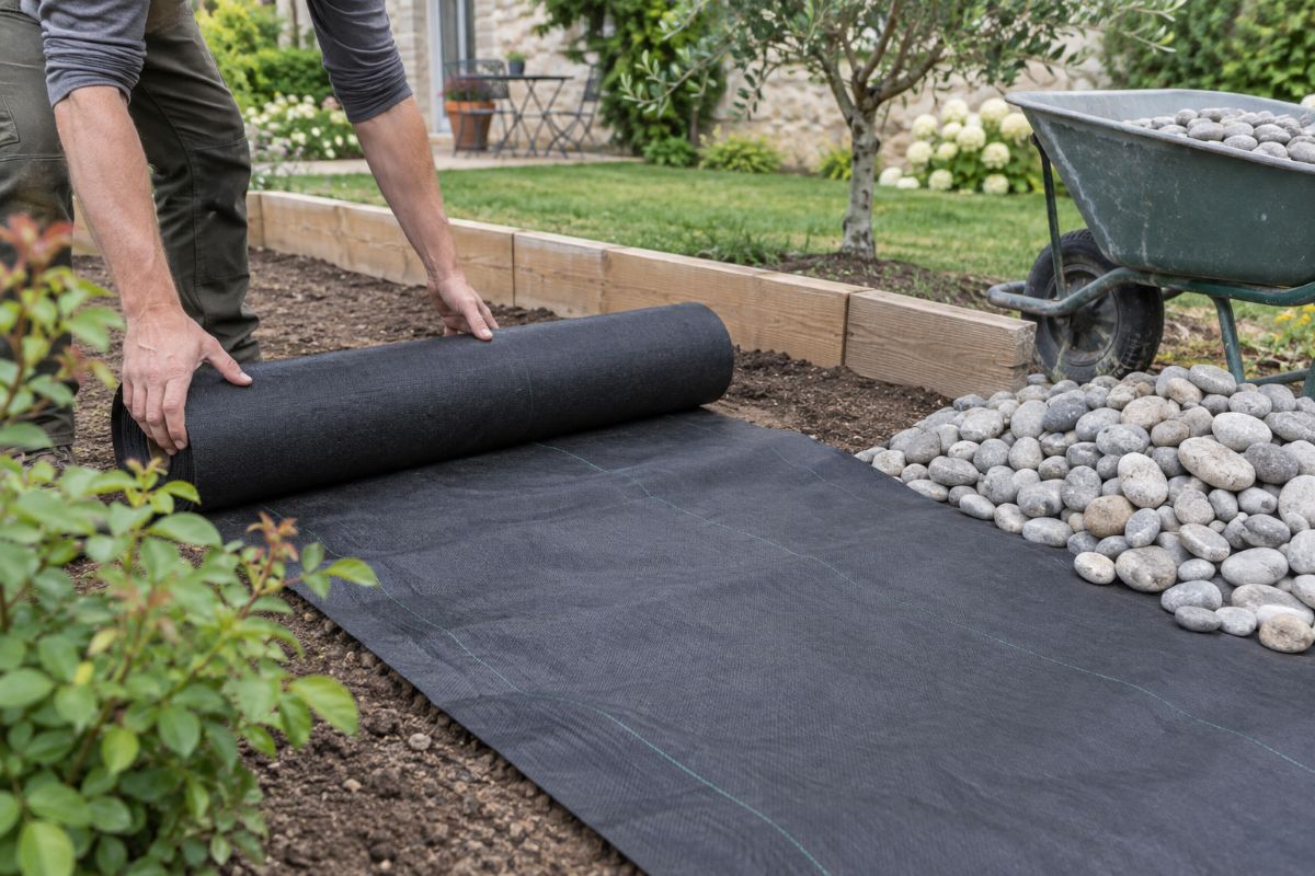 Mains déroulant un feutre géotextile sur un sol préparé, avec un tas de galets à côté