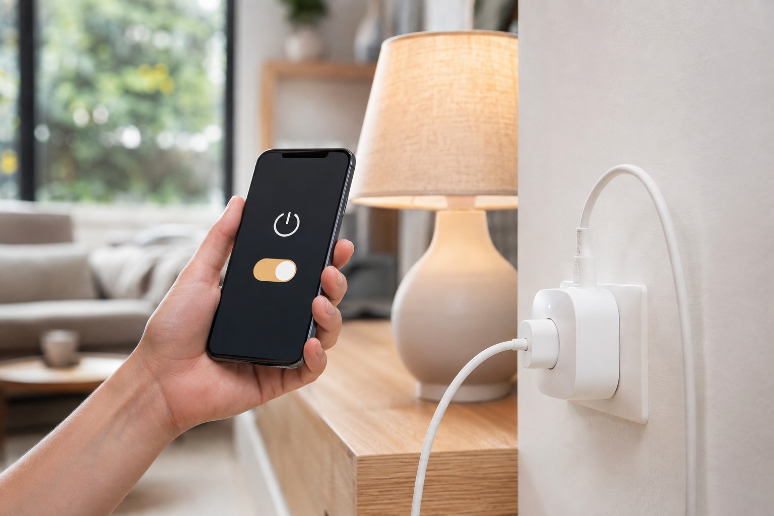 Main tenant un smartphone qui pilote une prise connectée branchée à une lampe