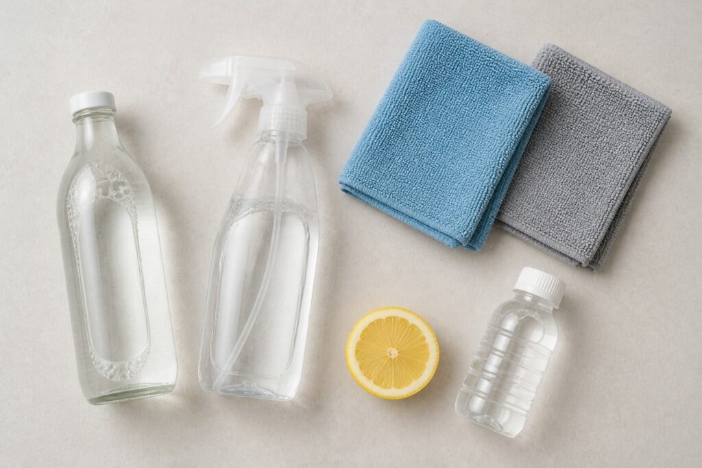 Ingrédients de la recette maison pour nettoyer les vitres : vinaigre blanc, vaporisateur et chiffons microfibre