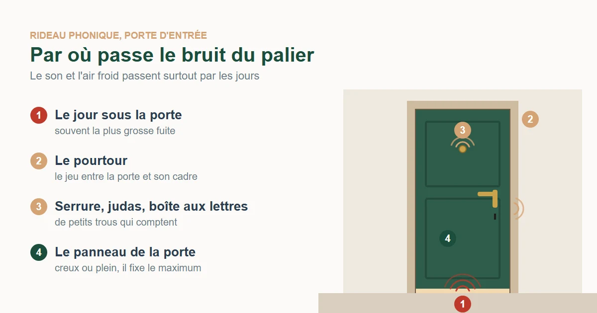 Schéma d'une porte d'entrée vue de l'intérieur : le bruit passe par le jour sous la porte, le pourtour, la serrure et le judas, et en dernier par le panneau