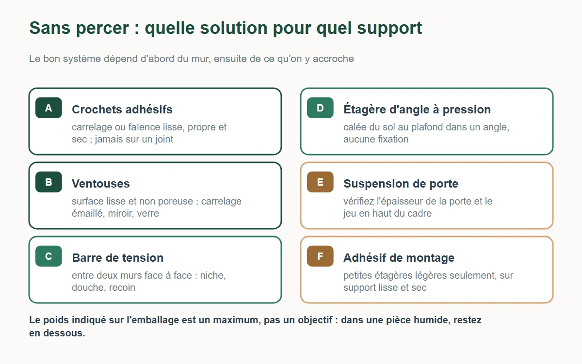 Solutions sans percer selon le support : crochets adhésifs sur carrelage lisse, ventouses sur surface non poreuse, barre de tension entre deux murs, étagère d'angle à pression, suspension de porte, adhésif de montage pour petites étagères