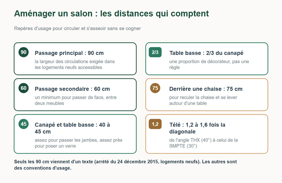 Distances pour aménager un salon : passage principal 90 cm, passage secondaire 60 cm, 40 à 45 cm entre canapé et table basse, table basse aux deux tiers du canapé, 75 cm derrière une chaise, télé à 1,2 à 1,6 fois la diagonale