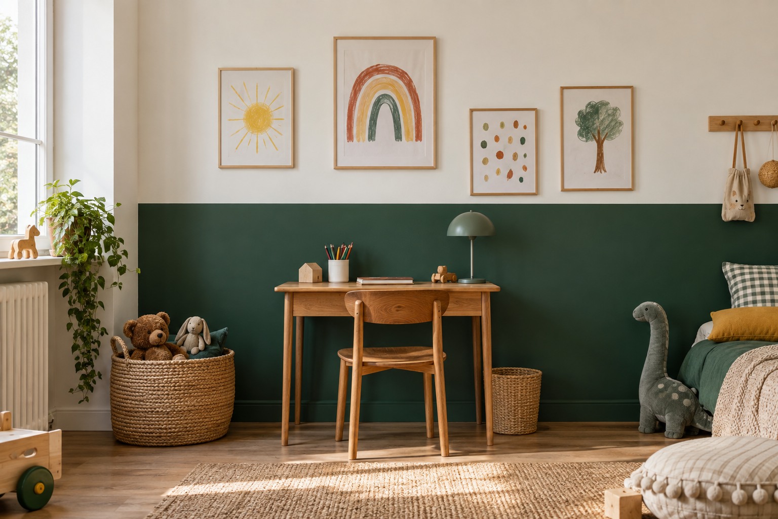 Mur de chambre d'enfant peint en deux tons, bas vert sapin et haut blanc cassé, avec des dessins d'enfant accrochés