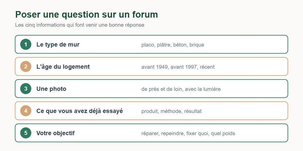 Les cinq informations à donner pour poser une question de bricolage sur un forum : type de mur, âge du logement, photo, ce qu'on a déjà essayé, objectif