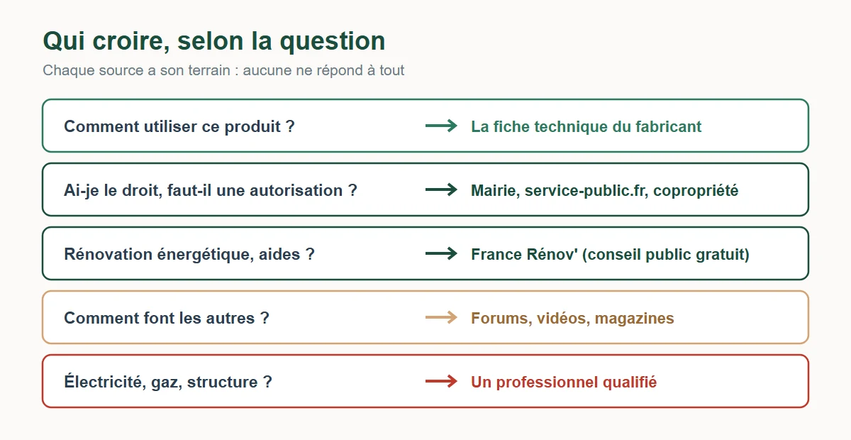 Qui croire selon la question : la fiche technique du fabricant pour un produit, la mairie et service-public.fr pour le droit, France Rénov' pour la rénovation énergétique, forums et vidéos pour l'expérience, un professionnel pour l'électricité, le gaz et la structure