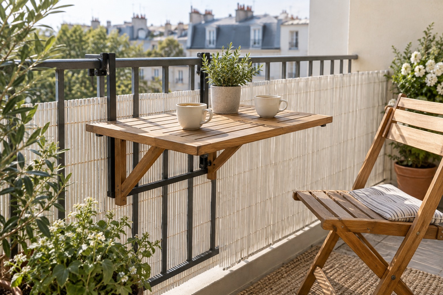Table de balcon rabattable accrochée à un garde-corps avec deux tasses de café et une chaise pliante, canisse blanche derrière