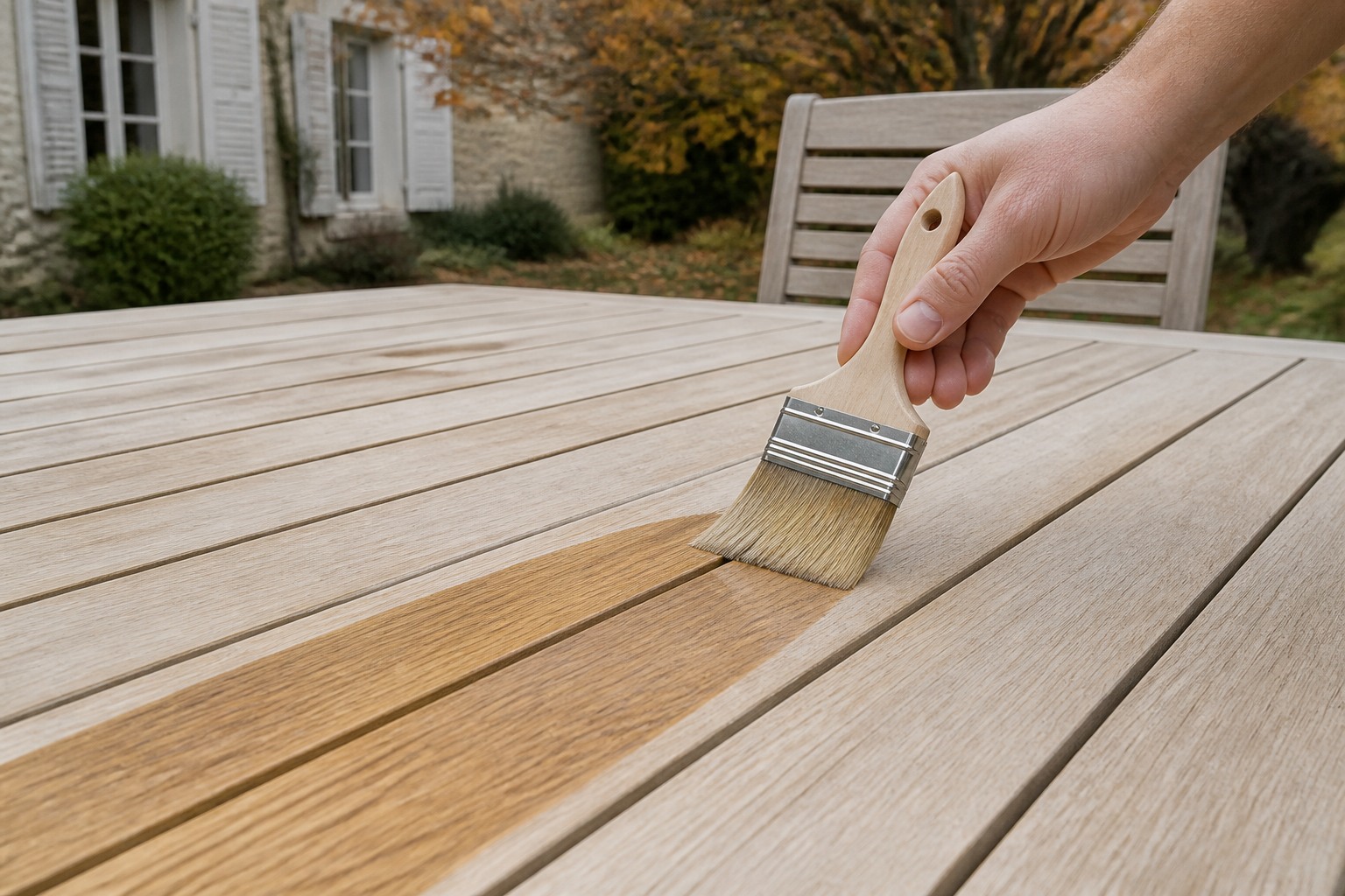 Application d'un saturateur au pinceau sur une table de jardin en bois clair