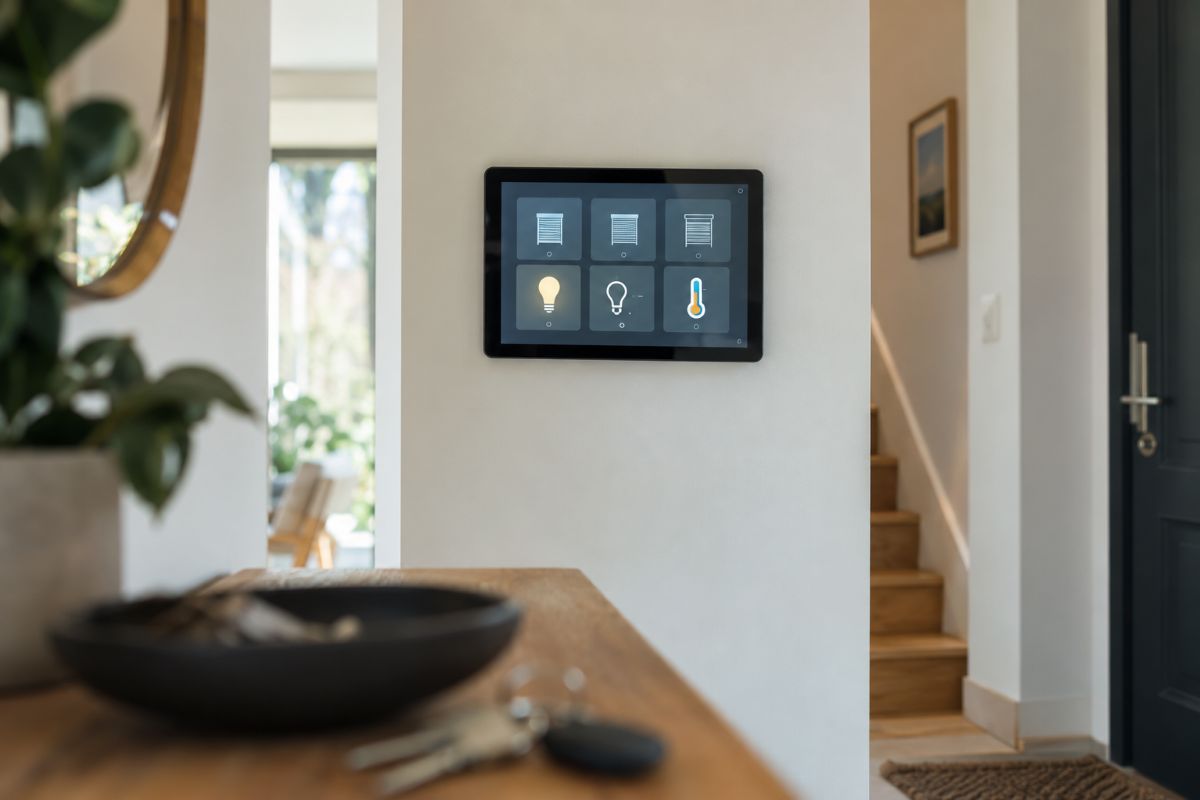 Tablette fixée au mur d'une entrée affichant un tableau de bord domotique générique