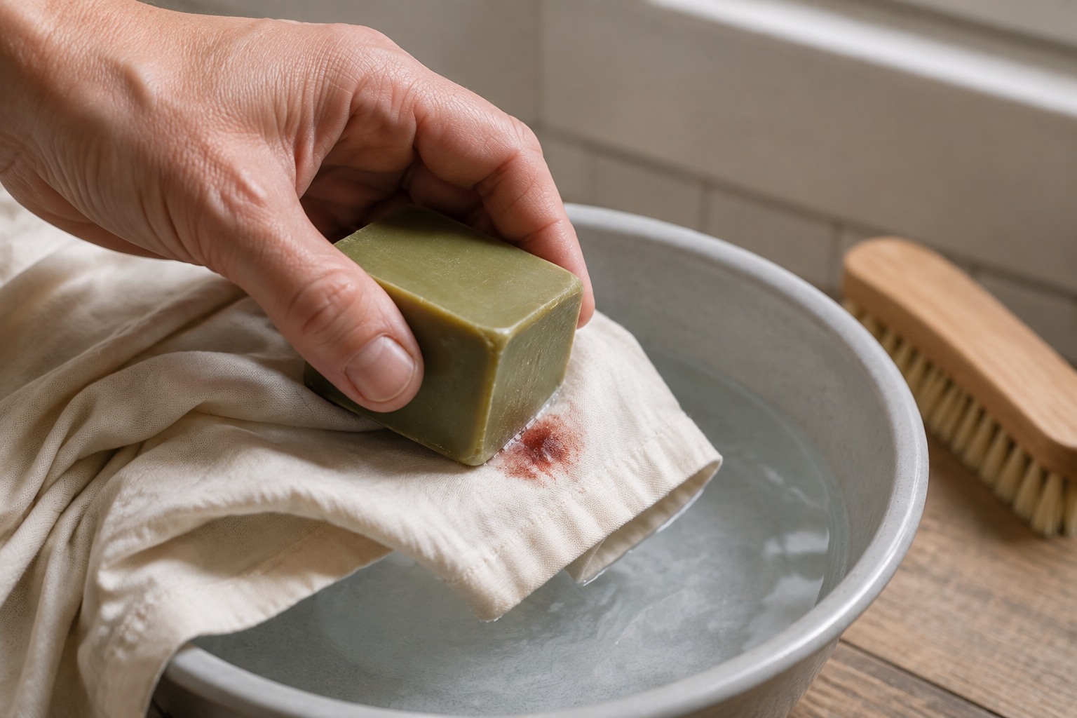 Savon de Marseille frotté sur une tache de sang au bord d'un vêtement, dans une bassine d'eau froide