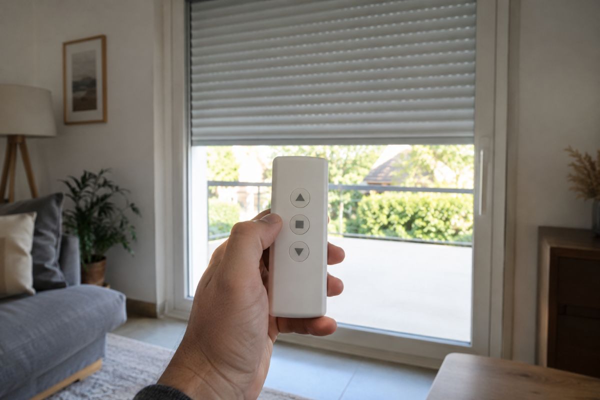 Main tenant une télécommande murale de volet roulant motorisé devant une fenêtre au volet à moitié baissé
