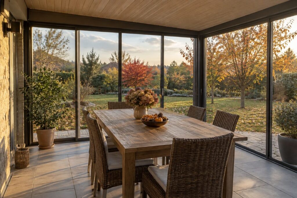 Terrasse couverte fermée par des vitrages coulissants, avec une table et des chaises, jardin d'automne en arrière-plan