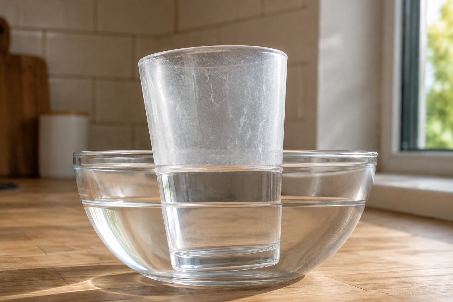 Verre voilé à moitié plongé dans un bol de vinaigre blanc, la partie immergée redevenant transparente