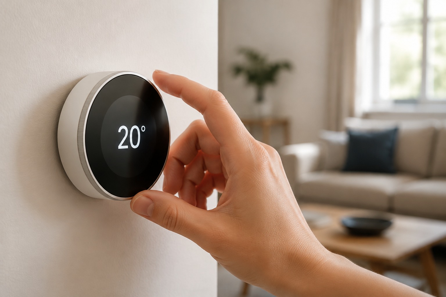 Thermostat connecté fixé sur un mur de salon, affichant la température