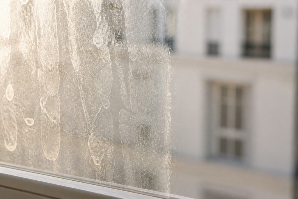 Voile de calcaire sur une vitre, visible uniquement en lumière rasante
