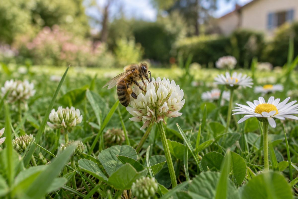 Trèfle blanc en fleurs et pâquerettes dans une pelouse, une abeille butinant
