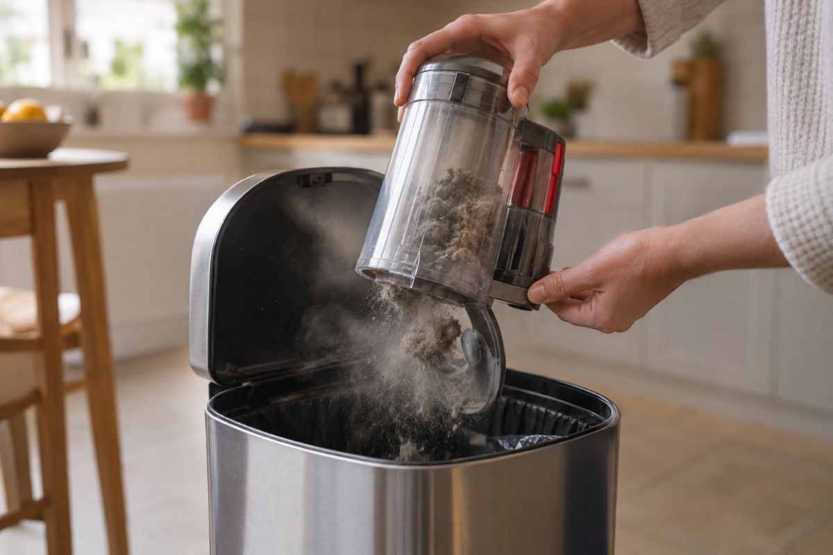 Mains vidant le bac transparent d'un aspirateur sans sac au-dessus d'une poubelle, léger nuage de poussière