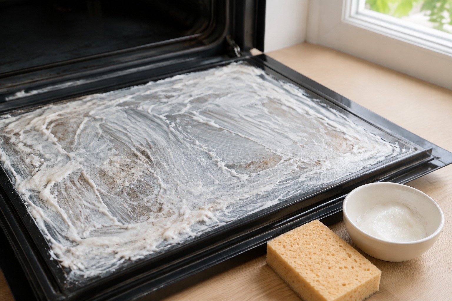 Vitre de four couverte d'une couche de pâte blanche au bicarbonate, taches brunes visibles en dessous