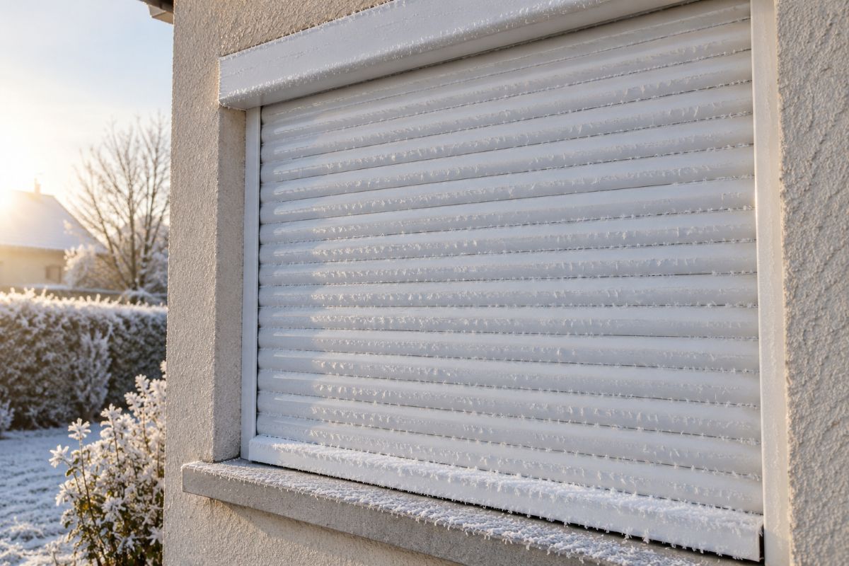 Volet roulant fermé couvert de givre sur une fenêtre, un matin d'hiver