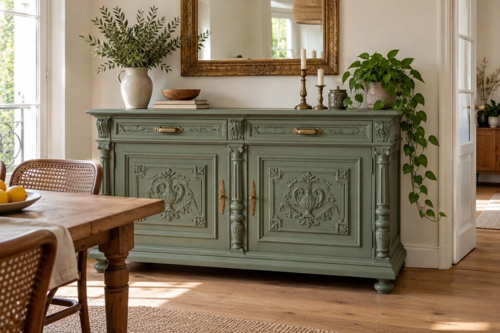 Buffet ancien en bois sculpté repeint en vert sauge mat dans une salle à manger lumineuse